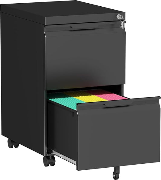 Bestoo Mobile File Cabinet with Lock, 2 Drawer Filing Cabinet, Under Desk Metal Rolling Filing Cabinets for Home Office, Fits Letter/Legal/A4 Size File, Easy Assembly