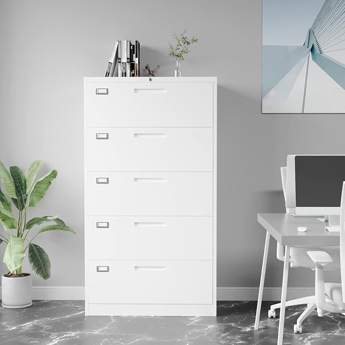 Fesbos Lateral File Cabinet with 5 Drawers - White Metal Steel Filling Cabinets for Home Office - Lockable Storage Cabinet for Hanging Files Letter/Legal/F4/A4 Size-Assembly Required