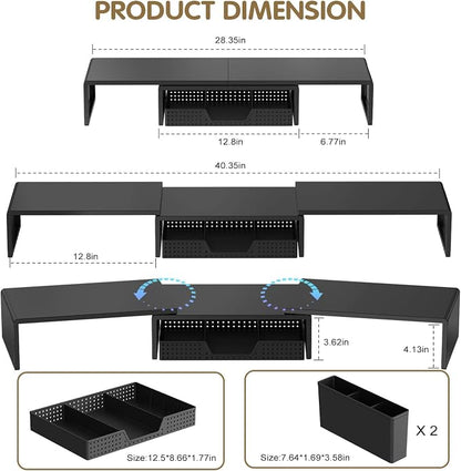 LEKETREE Dual Monitor Stand Riser with Drawer, Desk Organizer and Accessories, Monitor Stand for Desk, Desktop Stand for Computer, Laptop, TV and More (Black)