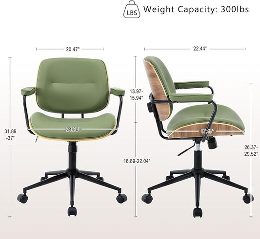 Mid Century Modern Office Chair with Adjustable Backrest, Wooden Desk Chair with Armrests, Swivel Height Adjustable Home Office Chair, Comfortable Task Chair for Home Office, Green