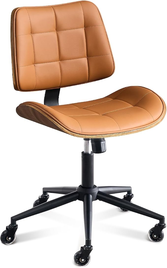 BV Armless Office Chair with Rubber Wheels, 360° Swivel Adjustable Task Chair, PU Leather Rolling Desk Chair for Home Office, Study and Conference Room, Brown