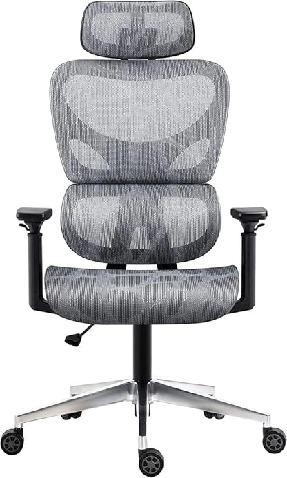 Nouhaus Ergo3D Ergonomic Office Chair Grey | Dynamic Lumbar Support, Mesh High Back, 4D Armrests, Adjustable Headrest, Aluminum Base, BIFMA, SGS, 2 Sets of Wheels