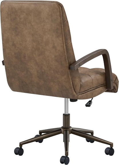 KISLOT Home Office Desk Chair, Ergonomic Office Chair with Square-Patterned Leather Upholstery, Adjustable Swivel Computer Chair with Wood Arms & Wheels, Soft-Rounded Front Edge, Brown