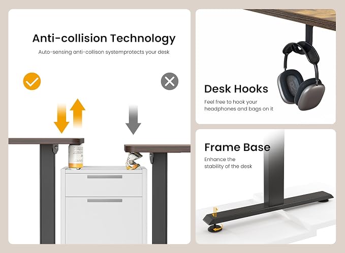 BANTI 63 × 28 Inches Standing Desk, Ergonomic, Electric Height Adjustable, Sit and Stand Up, Computer Desk with a Deeper Desktop, Black Frame/Rustic Brown Top