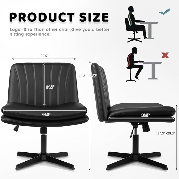 LEMBERI PU Leather Armless Office Desk Chair No Wheels,Criss Cross Legged Wide Padded Swivel Vanity Chair,120°Rocking Mid Back Ergonomic Computer Task Chair for Home, Make Up,Small Space,Black