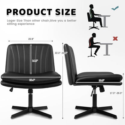 LEMBERI PU Leather Armless Office Desk Chair No Wheels,Criss Cross Legged Wide Padded Swivel Vanity Chair,120°Rocking Mid Back Ergonomic Computer Task Chair for Home, Make Up,Small Space,Black