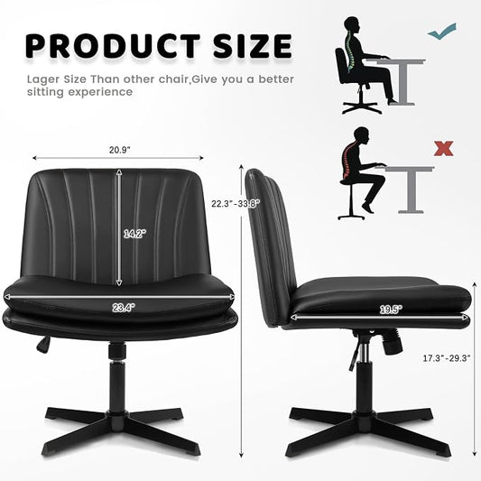 LEMBERI PU Leather Armless Office Desk Chair No Wheels,Criss Cross Legged Wide Padded Swivel Vanity Chair,120°Rocking Mid Back Ergonomic Computer Task Chair for Home, Make Up,Small Space,Black