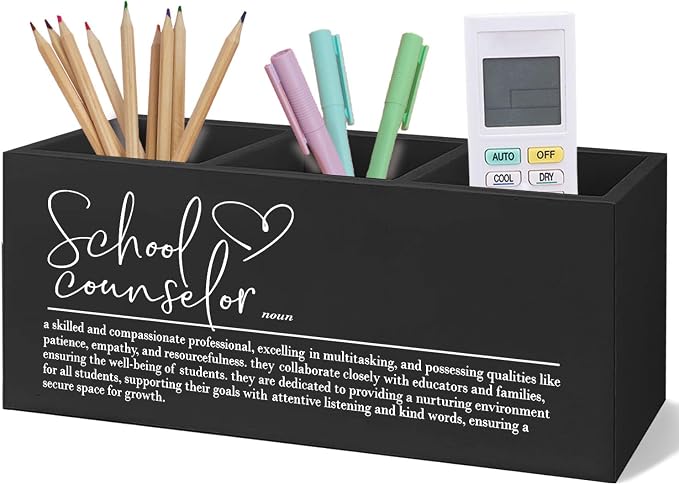 School Counselor Gifts Black Wooden Pen Pencil Holder for Desk, Appreciation Gifts for School Counselor Wood Makeup Brush Toothbrush Holder Organizer for Guidance Counseling Office