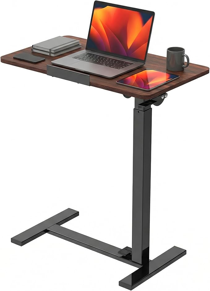 Adjustable Overbed Bedside Table with Hidden Wheels, Mobile Standing Desk with Pneumatic Lift, Portable Computer Workstation Cart for Bed, Couch, Office, Sofa, Brown