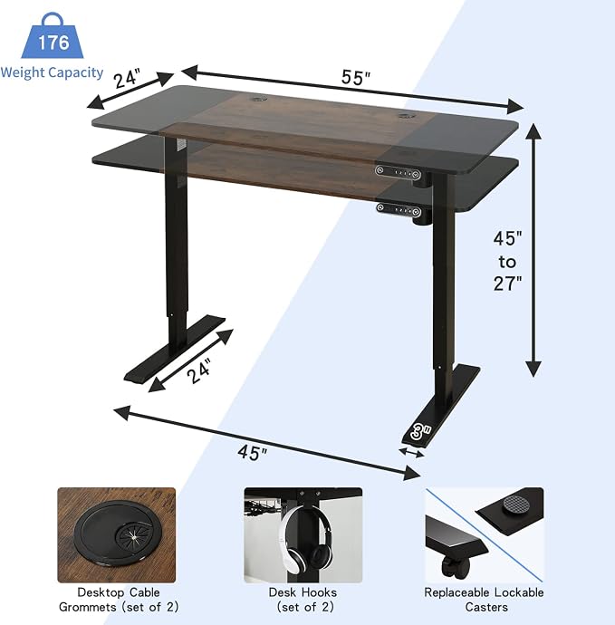 Height Adjustable Electric Standing Desk, 55X24 Height Stand Up Computer Desk,Sit and Stand Home Office Desk with Splice Board (Black+Brown Top, Black Frame)