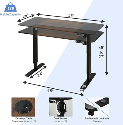 Height Adjustable Electric Standing Desk, 55X24 Height Stand Up Computer Desk,Sit and Stand Home Office Desk with Splice Board (Black+Brown Top, Black Frame)