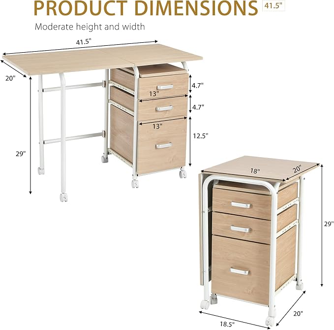 Tangkula Folding Computer Desk with 3 Storage Drawers, Mobile Home Office Desk Study Writing Desk with Smooth Wheels, Space Saving Compact Desk for Dorm Apartment, Rolling Folding Desk Table