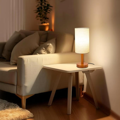 LALISU Small Table Lamp Nightstand Lamp Linen Lampshade Bedroom Wood Base Small Bedside Lamp for Night Stands, Desk Lamps for Reading Living Room, Office (LED Bulb Included) (Rosewood)