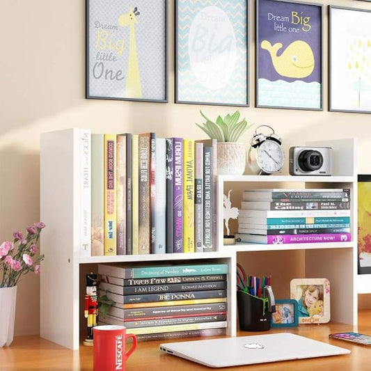 Expandable Desktop Bookshelf & Desk Organizer Shelf - Wooden Table Top Storage Organizer with Shelves, Corner Storage Rack, Small Desk Hutch for Dorm, Office, Home, Study Desk Accessories
