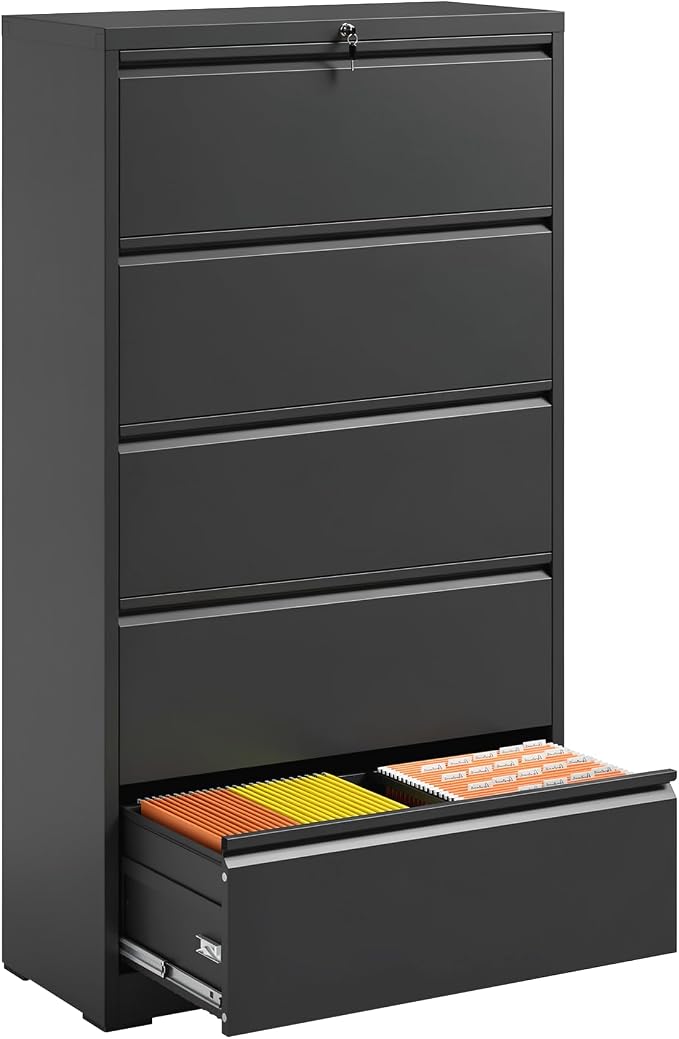 File Cabinets 5 Drawer,Metal Office Storage Filing Cabinet with Lock,White Lateral Filing Cabinet for Home Office,Horizontal Locking File Cabinet for Legal/Letter/A4,Assembly Require,Black