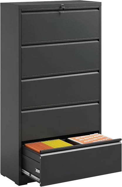File Cabinets 5 Drawer,Metal Office Storage Filing Cabinet with Lock,White Lateral Filing Cabinet for Home Office,Horizontal Locking File Cabinet for Legal/Letter/A4,Assembly Require,Black