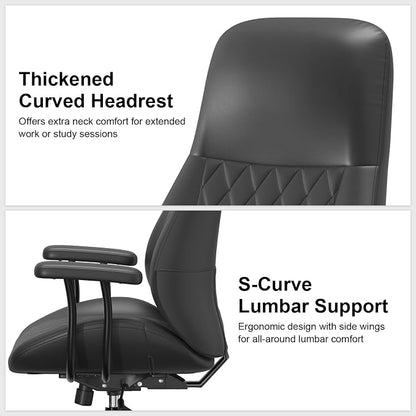 E-Ser Leather Desk Chair, Mid Century Modern Office Chair, Black | Lumbar Support, Ergonomic, 360° Swivel, Rubber Rolling Wheels, Adjustable Height, for Adults