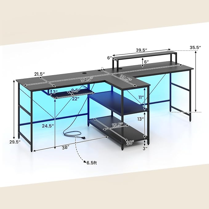 Tangkula 2-Person Reversible Computer Desk with LED Lights, 94.5” Long Office Desk with Power Outlets, Monitor Stand, Keyboard Tray & 2 Storage Shelves, Double Desk for Gaming Working Writing (Black)
