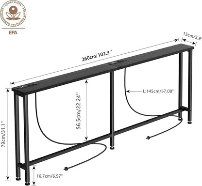 Keelian 102" Narrow Console Sofa Table - 2 Power Outlets & 4 USB Ports, Metal Frame, Black, Perfect for Hallway, Office, and Behind Sofa - Easy Assembly, 4.9' Extension Cord Included
