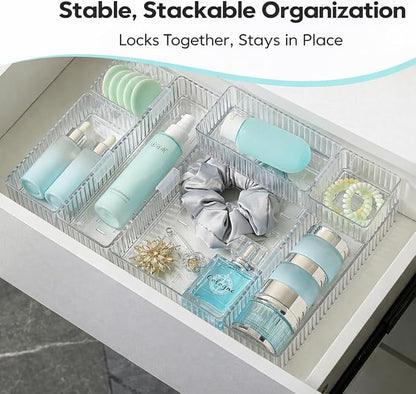 7 Pcs Clear Stackable Drawer Organizer Bins with 7 Connector Clips | 4 Sizes Interlocking Trays for Bathroom, Vanity, Makeup, Office Desk & Kitchen; Clear PET, Non-Slip, Stackable