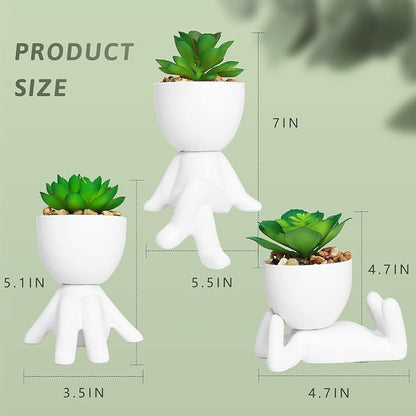 Zerzsy 3 Pack Artificial Succulent Plants for Office Desk, Fake Plants with Ceramics Human Shaped Pots,Cute Fake Succulents Pots for Bedroom/Room/Cubicle/Bookshelf Decor (Ceramic White)