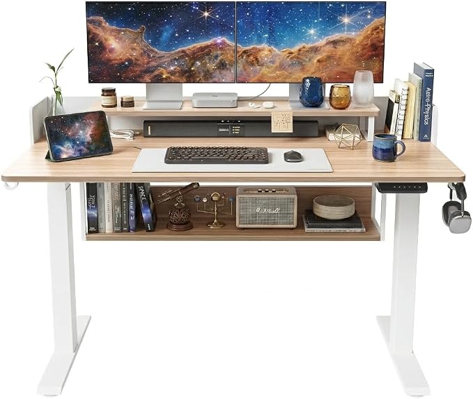 CubiCubi 55" Electric Standing Desk with Under Desk Shelves, Sit Stand Rising Computer Desk with Monitor Shelf, Home Office Desks with Hooks, Adjustable Height Stand Up Workstation Table, Light Walnut