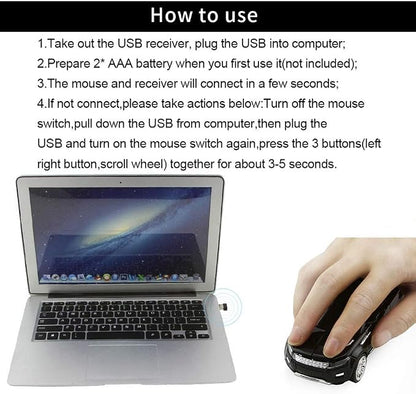 CHUYI Cool Sports Car Shaped Wireless Optical Mouse 1600 DPI Cordless Office School Mice with USB Receiver for PC Computer Laptop Gift (Black-1 Pack)