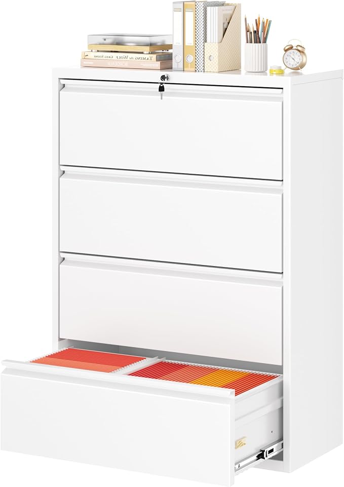 Superday Lateral File Cabinet 4 Drawer Metal File Cabinet with Lock, White Filing Cabinets for Home Office, Locking Filing Cabinets Hanging Files Letter/Legal/F4/A4