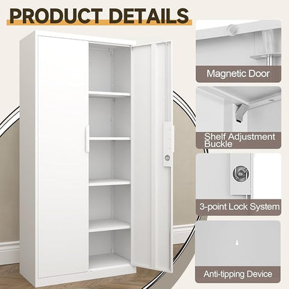 GREATMEET Metal Garage Storage Cabinets, 71" Tall Locking Metal Cabinets with Doors and Shelves, Utility Cabinet with Lock for Garage, Home, White