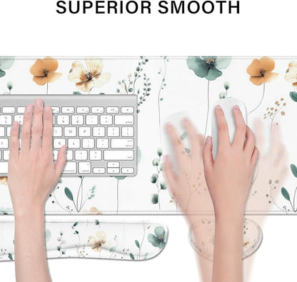 Desk Pad and Keyboard Wrist Rest, Large Mouse Pad + Keyboard Pad+Mouse Wrist Support, Non-Slip Desk Mat Protector for Office, Home 31.5×11.8 Inches Mini Floral