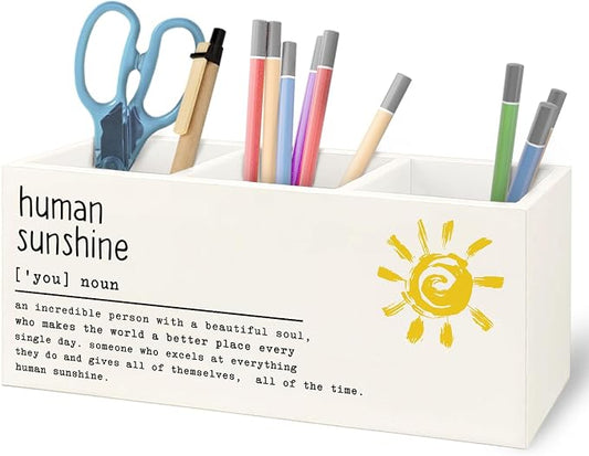 Inspirational Human Sunshine Wooden Pen Pencil Holder for Office Desk Accessories, Motivational Gifts for Women, Encouragement Gifts Makeup Brush Toothbrush Holder Organizer