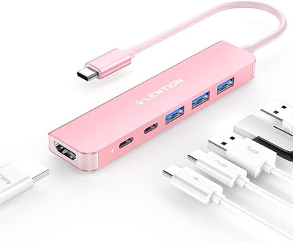 LENTION 6-in-1 USB C Hub, 4K@60Hz HDMI, 100W PD, 3 USB 3.0, USB-C Data | Ideal for Work & Study, Stable Driver 3.0 Certified, Compatible with macOS, iOS/iPadOS, Windows & ChromeOS (CE35p, Rose Gold)