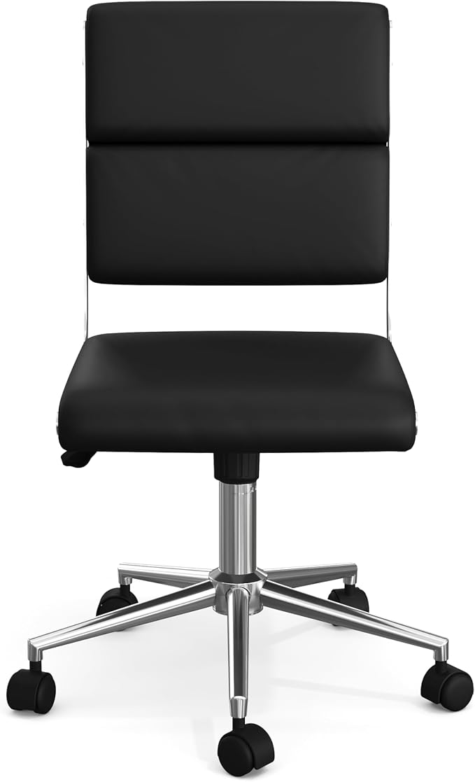 Martha Stewart Lulu Swivel Task Chair with Height Adjustable Seat for Home Office in Black Faux Leather with Polished Nickel Frame