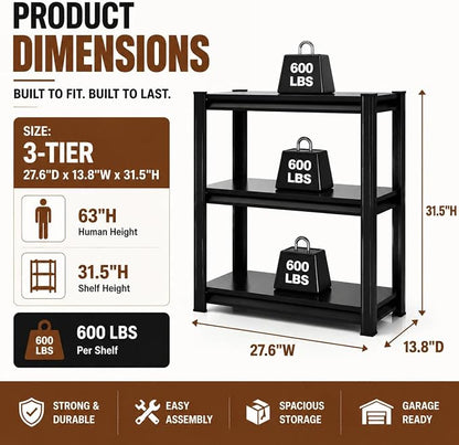 3 Tier Metal Bookshelf, Adjustable Tall Bookcase, Heavy Duty 1800 LBS Modern Deep Book Shelf, Bolt-Free Storage Shelves for Living Room, Home Office, Garage, 27.6" Wx 13.8" Dx 31.5" H