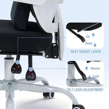 Ergonomic Home Office Chair with Footrest - Adjustable Lumbar Support & 3D Headrest, 90-160° Reclining Mesh High-Back Rolling Work Swivel Computer Chair-400lbs Capacity (White & Black)