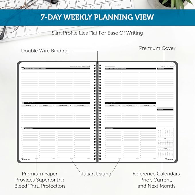 Planner Pad Spiral Bound July 2026 – June 2027 / Academic Year 8 1/2" x 11" Large 3-Tier Funnel Down 12 Month/Weekly Organizer, Black Cover/Black Ink