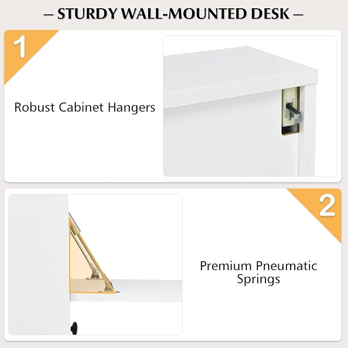 COSTWAY Wall-Mounted Computer Desk, Floating Desk with Storage Drawer & Shelves, Fold-up Desktop & Pneumatic Springs, Ideal for Home, Office, Dormitory, Small Spaces (White)