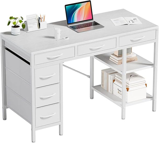 47" Computer Desk with 6 Drawers, Home Office Gaming Desks with Storage Shelves for Bedroom, Writing Study Corner Living Room Work Table White
