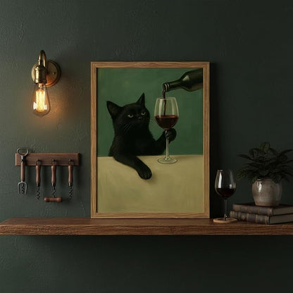 Funny Black Cat Wall Art 12x16 Inch Moody Black Cat with Wine Glass Canvas Wall Decor Whimsical Animal Bar Cart Poster Canvas Prints for Bathroom Kitchen Bar Wood Framed