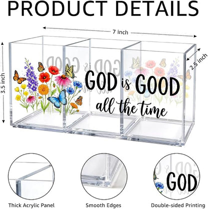 God Is Good All The Time 3 Compartment Acrylic Organizer Box with Wildflower & Butterfly, Desktop Storage for Pens, Makeup, Office Supplies, Cute Floral Desk Organizer for Home & Office Vanity