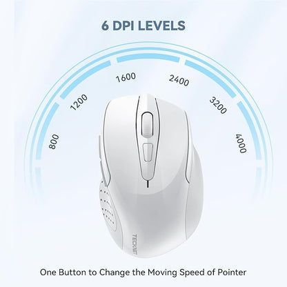 TECKNET Wireless Mouse, 2.4G Ergonomic Optical Mouse, Computer Mouse for Laptop, PC, Computer, Chromebook, Notebook, 6 Buttons, 24 Months Battery Life, 2600 DPI, 5 Adjustment Levels - White