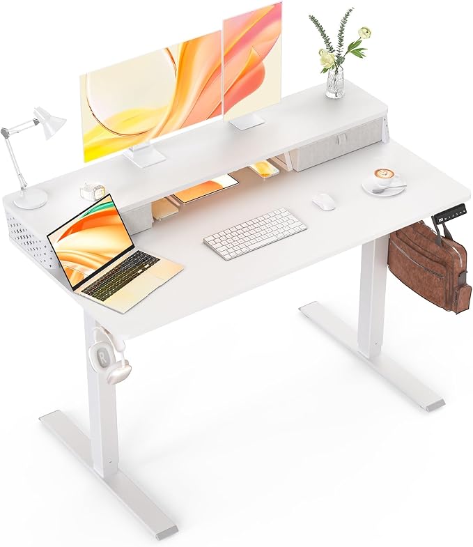 Electric Standing Desk with Two Drawers,48 x 24 Inch Sit Stand Desk Adjustable Height, Stand Up Desk with Storage Shelf, Computer Workstation for Home Office, White
