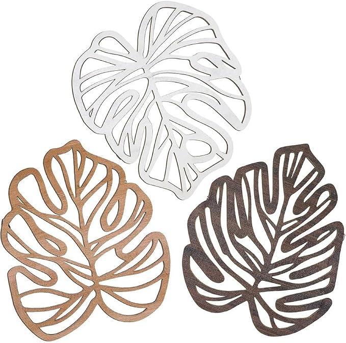Palm Leaves Wood Wall Decor , 3Pcs Tropical Wall Art Jungle Decor, Wooden Natural Leaves Plant Wall Decor, Vintage Tropical Plant Plaque for Home Living Room Kitchen Bedroom Bathroom & Garden, Vintage Brown