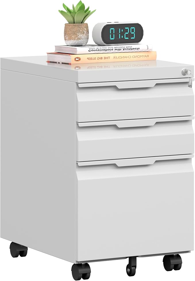 3 Drawer Mobile File Cabinet with Lock, Metal Filing Cabinet, Under Desk Rolling Small Filing Cabinet with Wheels for Home Office Storage, Fits Legal/A4/Letter/Document Size, Required Assembly, White