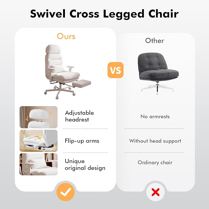 GXJ Criss Cross Legged Office Chair with Flip-up Arms, Footrest, G800 Plus | 6.3" Cushion Relieves Tailbone Pain, Head-Lumbar Support Eases Fatigue, Smooth Rolling Wheels, Corduroy Desk Seating, White