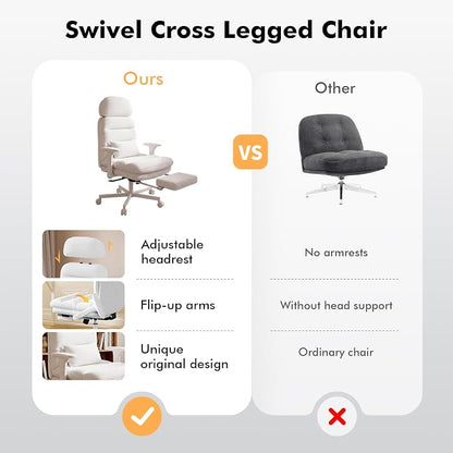 GXJ Criss Cross Legged Office Chair with Flip-up Arms, Footrest, G800 Plus | 6.3" Cushion Relieves Tailbone Pain, Head-Lumbar Support Eases Fatigue, Smooth Rolling Wheels, Corduroy Desk Seating, White