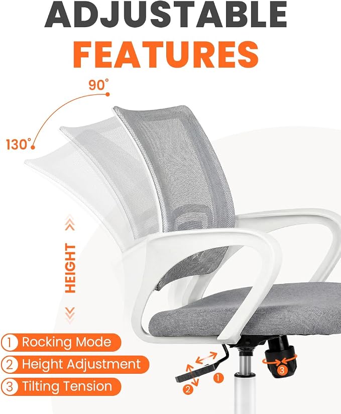 NEO CHAIR Office Desk Computer Chair Ergonomic Mesh Gaming Cushion Seat with Comfy Lumbar Mid Back Support Adjustable Height Swivel Rolling Wheels for Home Task (Grey)
