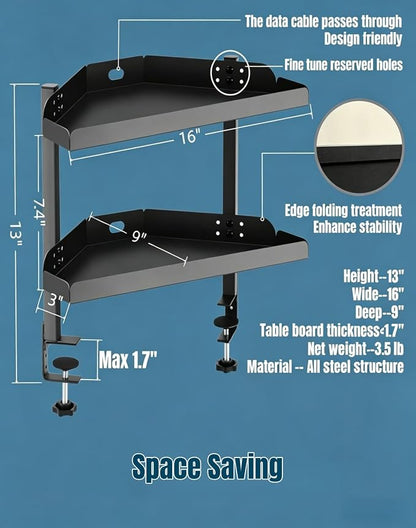 Yuxh Desk Clamp Corner Shelf 16 Inch, Black | Space-saving, clip on or under corner shelf for panel tabletop, office, study room & gaming setup, easy drill-free assembly