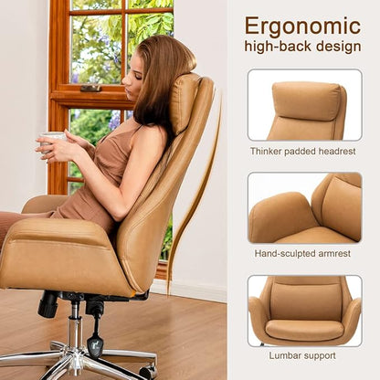 Glitzhome Modern Executive Office Chair, High Back PU Leather Ergonomic Computer Desk Chair, Adjustable Height Swivel Office Task Chair with Lumbar Back Support (Camel)