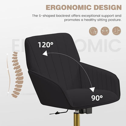 YISHENG Velvet Home Office Chairs with Gold Base, Height Adjustable 360 Degree Swivel Desk Chair with Wheels, Upholstered Tufted Modern Vanity Chairs for Living Room, Bedroom,Study Room (Black)